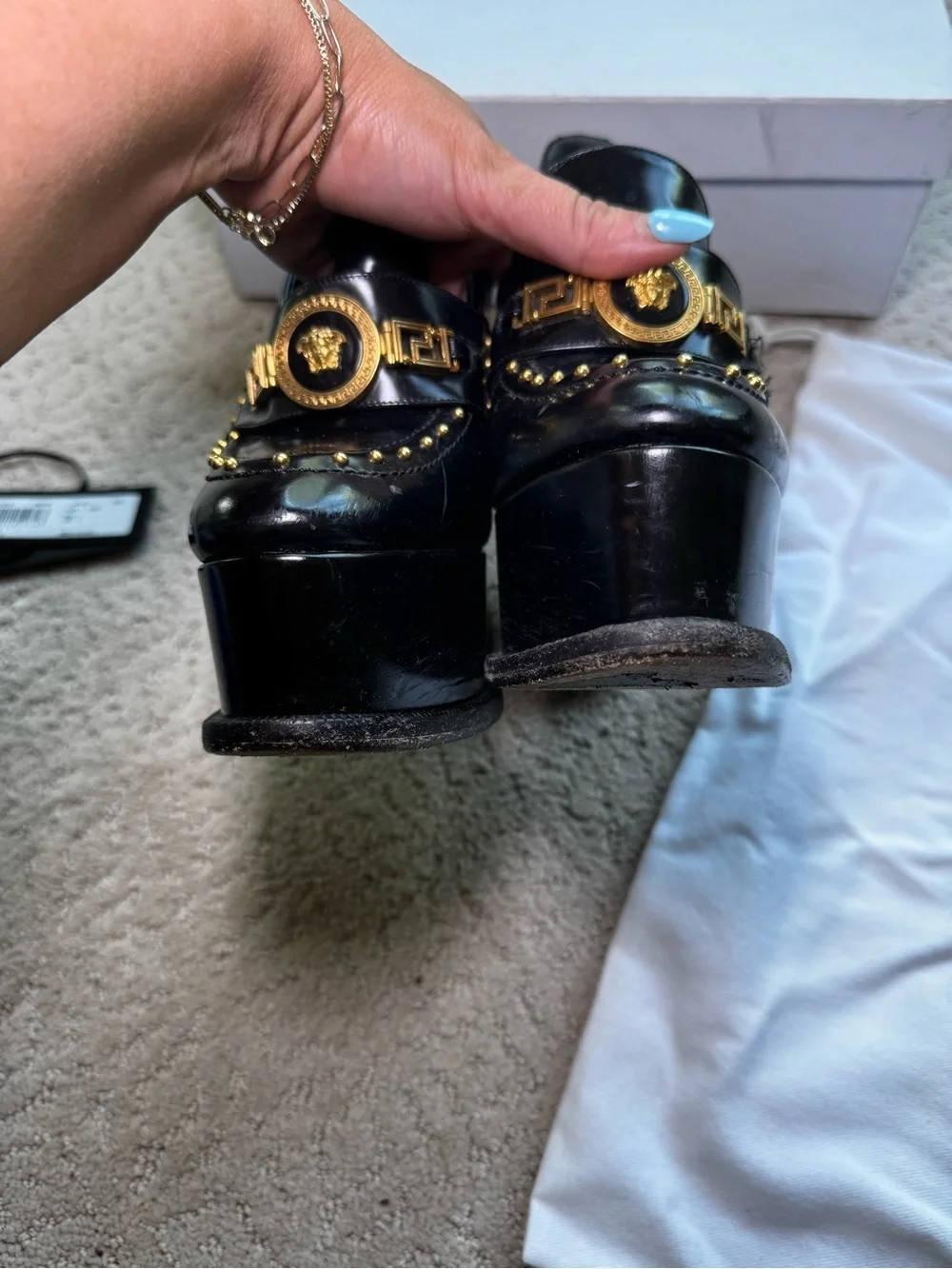 Versace Black Platform Gold Studded Loafer Platform Heels with Medallion